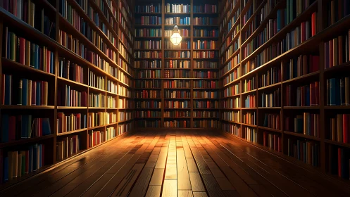 Grand wooden library corridor under warm pendant light.