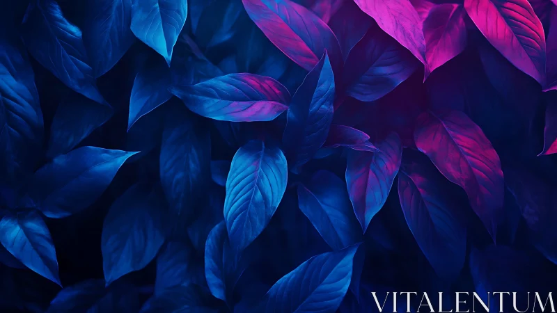 Blue and magenta leaves under dark background lighting.