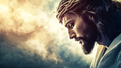 Profile view of crowned man against dramatic cloudy sky