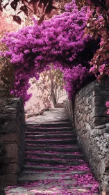 Bougainvillea Colonnade Passage with Stone Architecture.