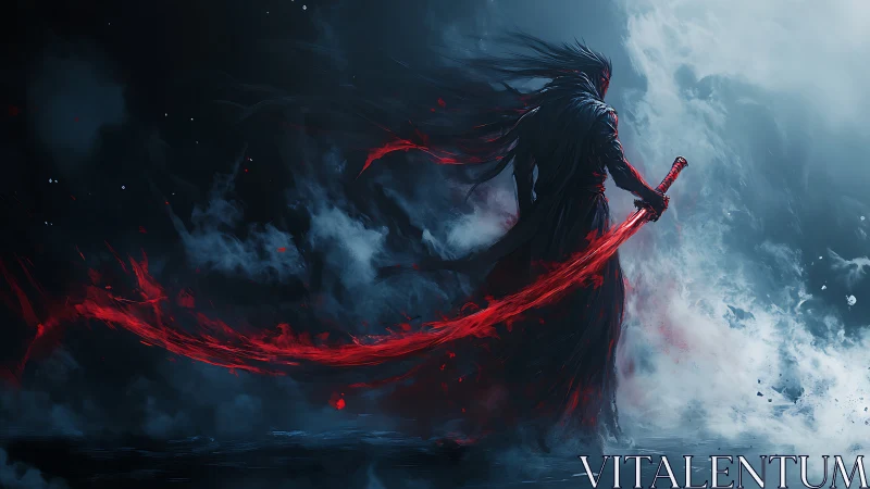 Lone dark warrior with a glowing red sword in misty night.