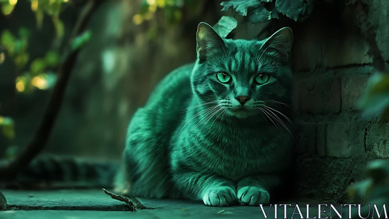 Watchful cat emerges from emerald shadows in moody urban garden.