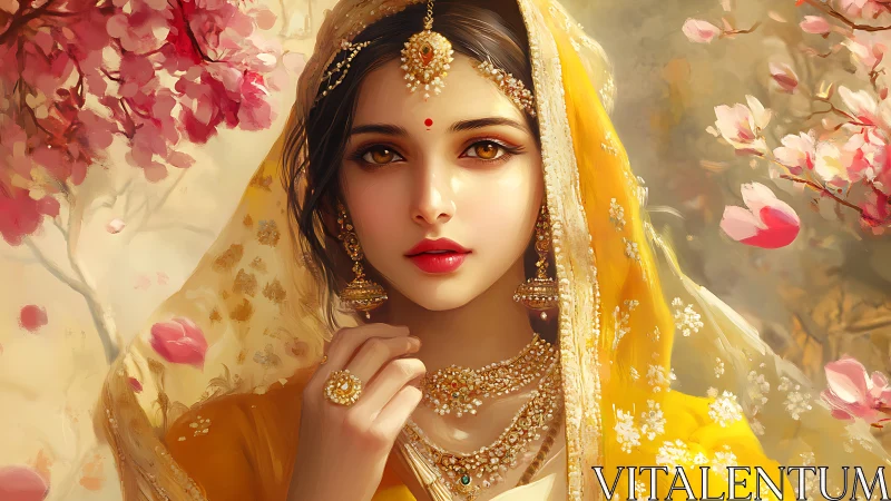 Bridal portrait in golden sari rendered as luminous digital painting