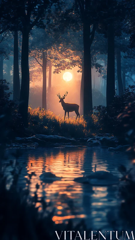 Backlit stag silhouette framed by volumetric forest sunset glow