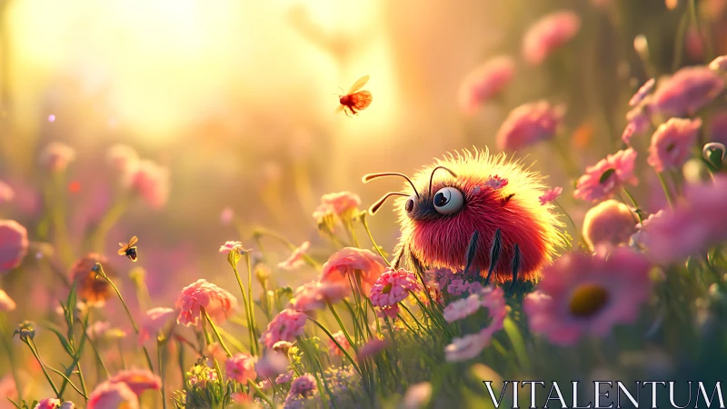 Fluffy garden critter pauses to trade stares with bees at dawn