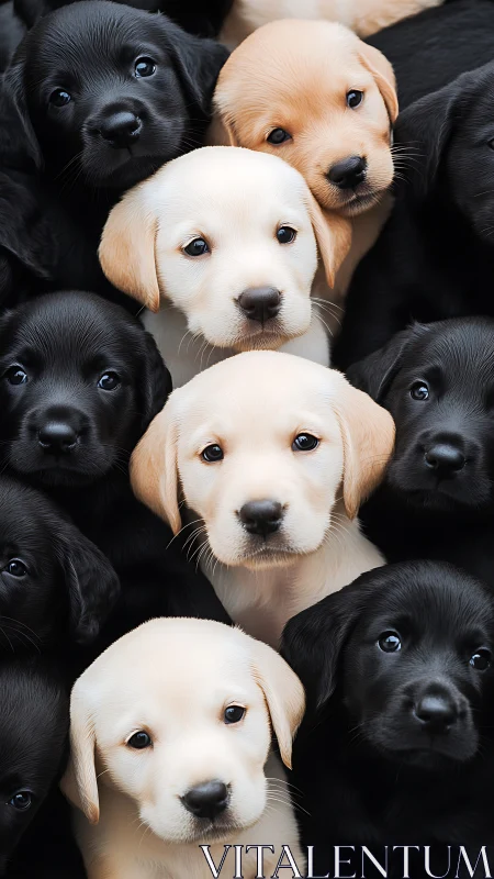 Yellow and black labrador puppies form dense portrait cluster