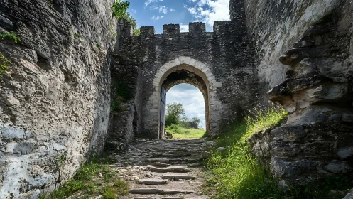 Stone fortress gate with weathered arch and rocky path.