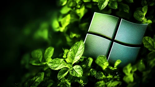 Metallic quadrants logo positioned among green foliage.