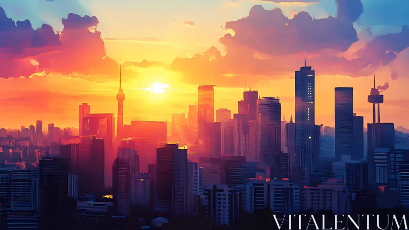 Vibrant digital city skyline under bold sunset light.