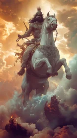 Armored rider on white horse emerges through dense clouds