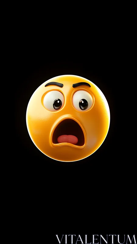Shocked 3D emoji face glows against deep black background