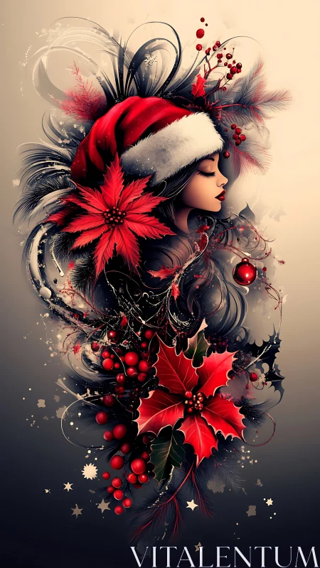 Profile portrait with Santa hat and layered holly decor.