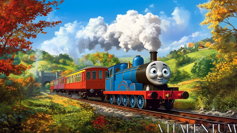 Smiling blue cartoon train steams through bright autumn valley