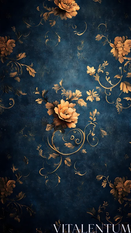 Ornate golden florals bloom across deep indigo textures