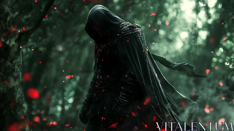 Hooded dark wraith stalks an enchanted ember-lit forest