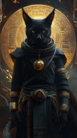 Mythic black feline guardian before radiant golden sigil.