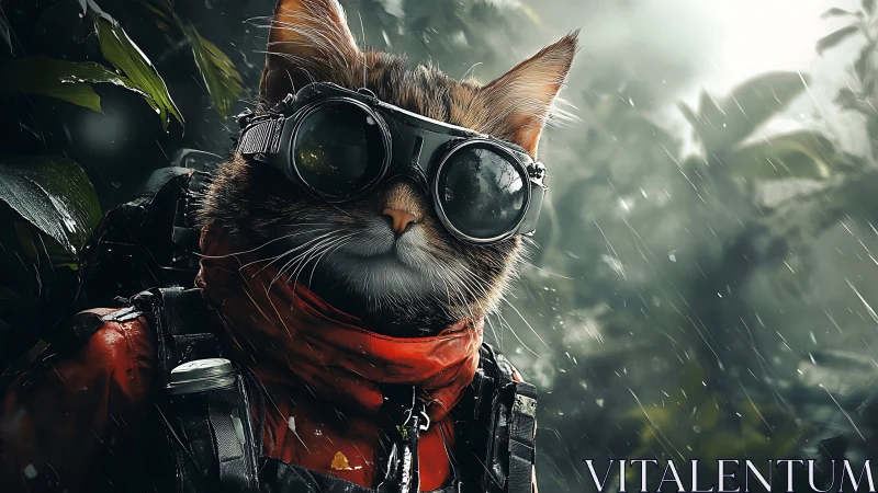 Steampunk Explorer Cat in the Jungle Rain.