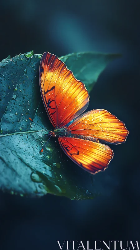 Amber butterfly rests on dewy leaf in teal twilight