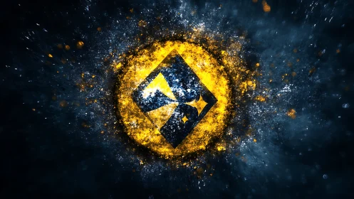 Geometric logo sits inside bright yellow explosive energy ring