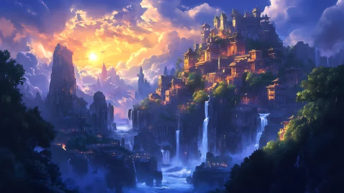 Sun-forged citadel above cascading twilight waterfalls.