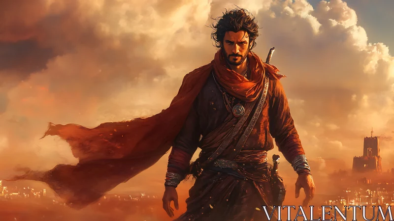 Figure stands in desert cityscape under diffuse orange sky