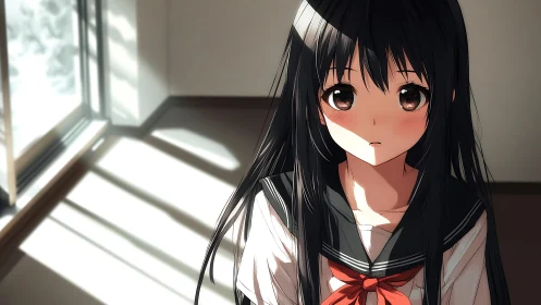 Soft afternoon light over contemplative schoolgirl portrait.