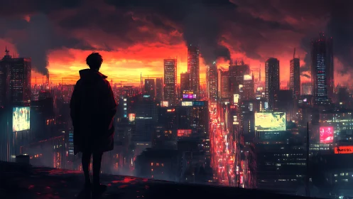 Cyberpunk dusk skyline with silhouetted observer, wide composition.
