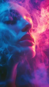 Dreamy neon portrait drifting through electric mist.