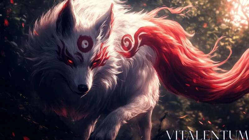 Mythic white fox spirit with red markings in forest light
