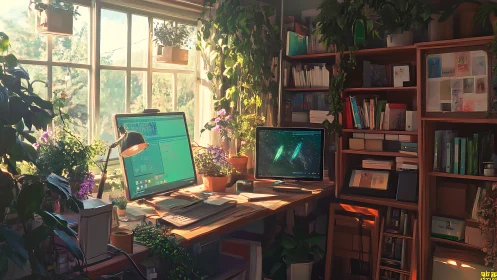 Cozy home office merges lush indoor garden and dual screens.