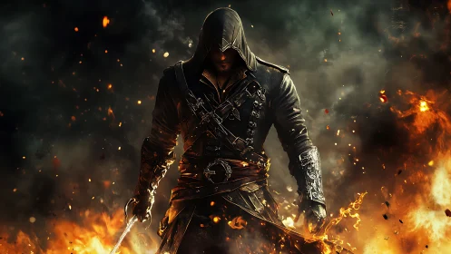 Hooded rogue strides through blazing inferno with blade drawn.
