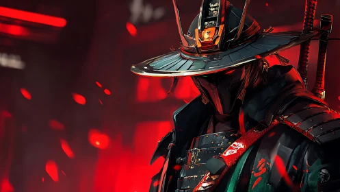 Cyber samurai warrior stands in glowing red embers.