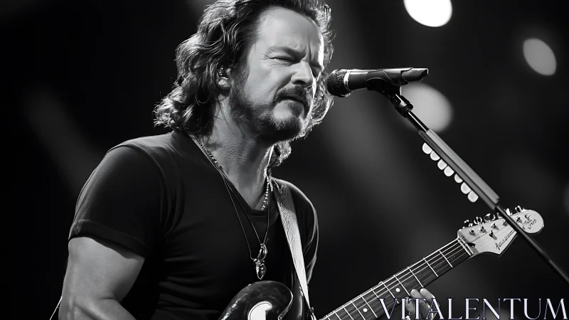 Rock singer plays electric guitar on stage in black and white.