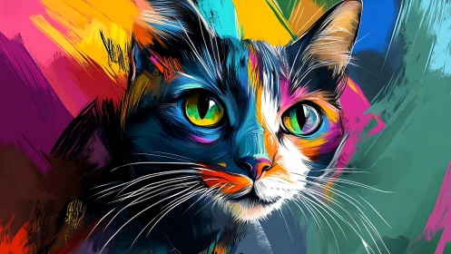 Vivid digital portrait of multicolor cat against bold strokes.