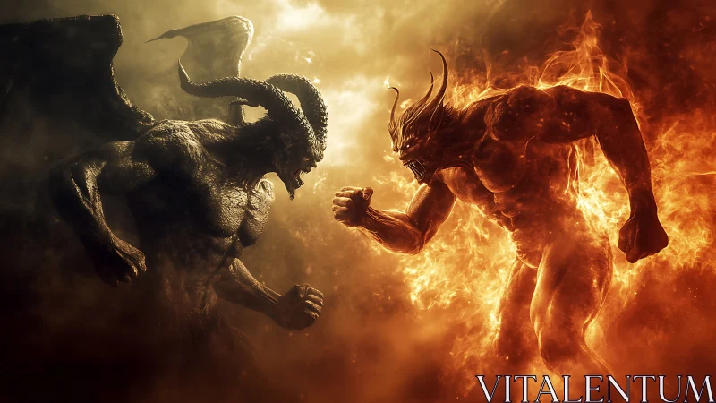 Demonic titans clash in fiery, smoke filled infernal arena.