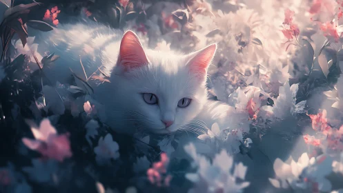 White cat surrounded by pink and white flowers in soft light.