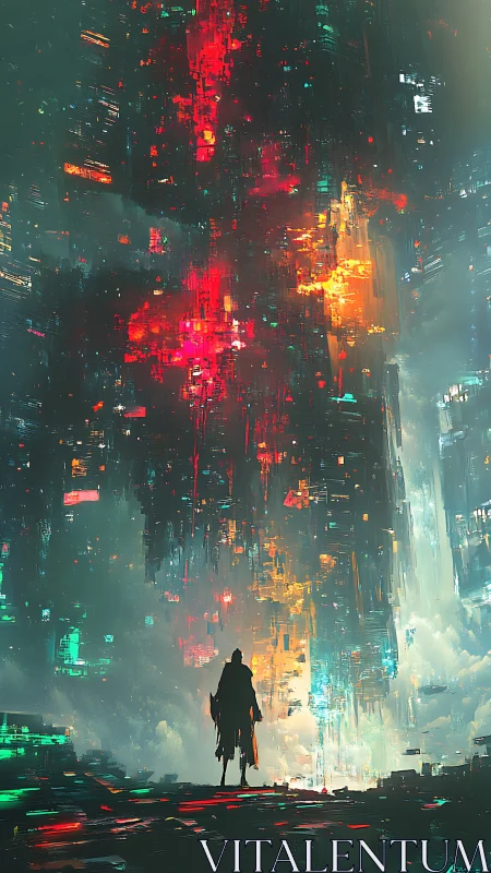Solitary wanderer beneath towering neon data cascade.