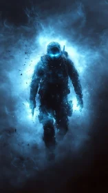 Ghostlit operative strides through shattering blue starlight haze