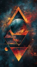 Geometric cosmic sphere cuts through burning nebula field.