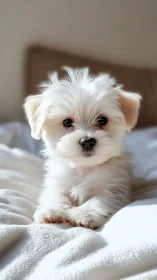 Snowy white puppy relaxes sweetly on a sunlit cozy bed