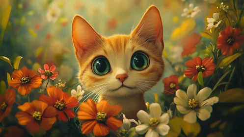 Orange cat surrounded by flowering plants in garden setting.