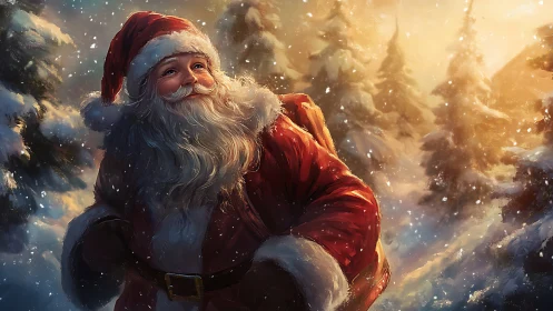 Warm backlit Santa in snowy conifer forest with soft rim lighting