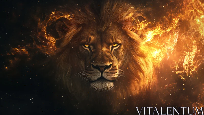 High-contrast lion portrait emerging from volumetric fire field