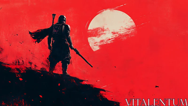 Lone armored wanderer silhouetted beneath scarlet sun.