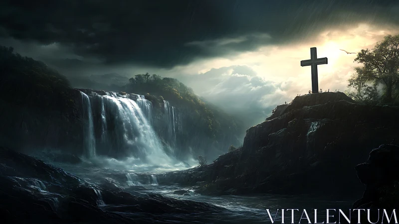 Stormlit cliff cross above turbulent waterfall basin at dusk.