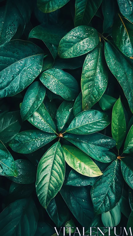 Macro study of rain‑damp foliage reveals structured leaf layering