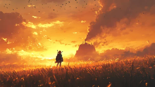 Lone traveler in golden field facing distant smoking citadel.