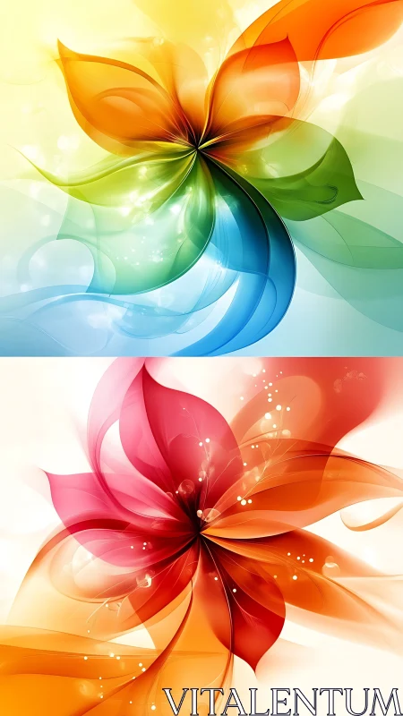 Vibrant abstract floral ribbons in dual color panels.