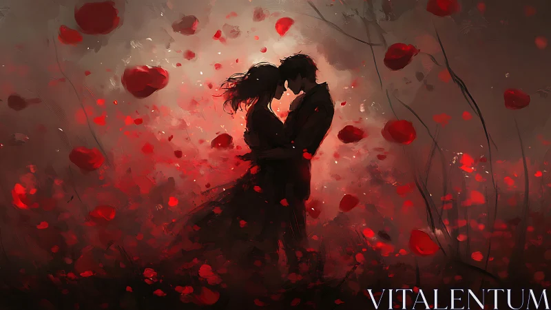 Silhouetted Lovers Kiss Amid Swirling Red Petals.