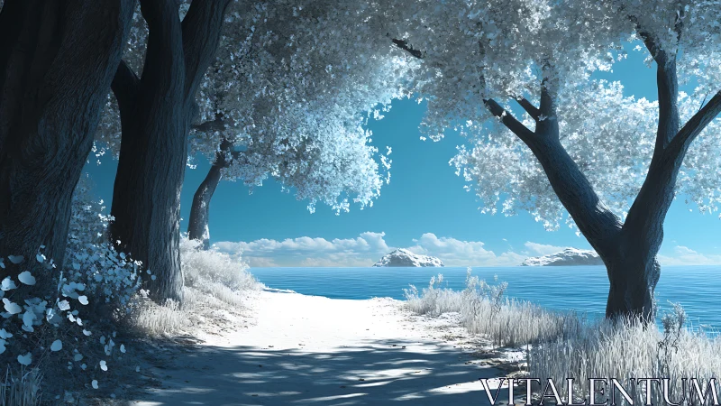 Snowlit shoreline trees quietly frame a frozen blue dream